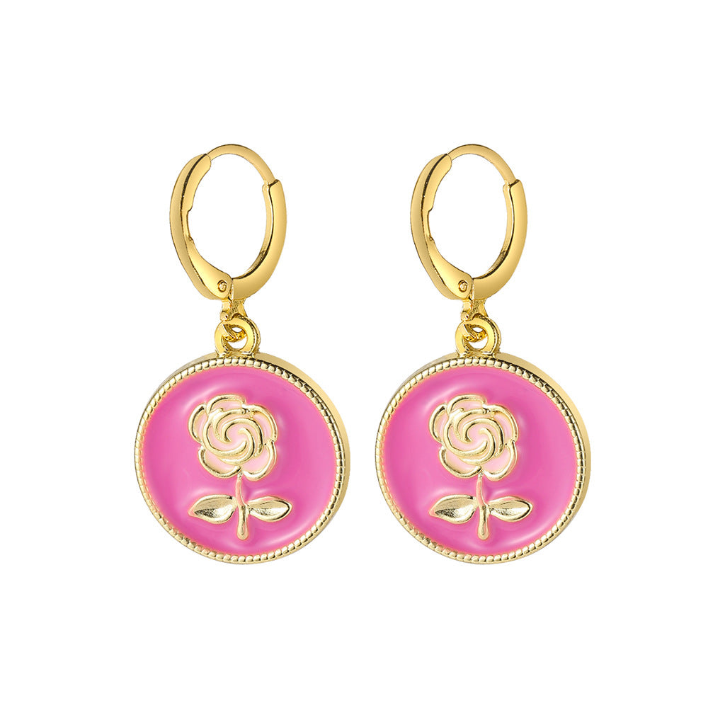 Wholesale Colored Oil Drip Rose Alloy Earrings