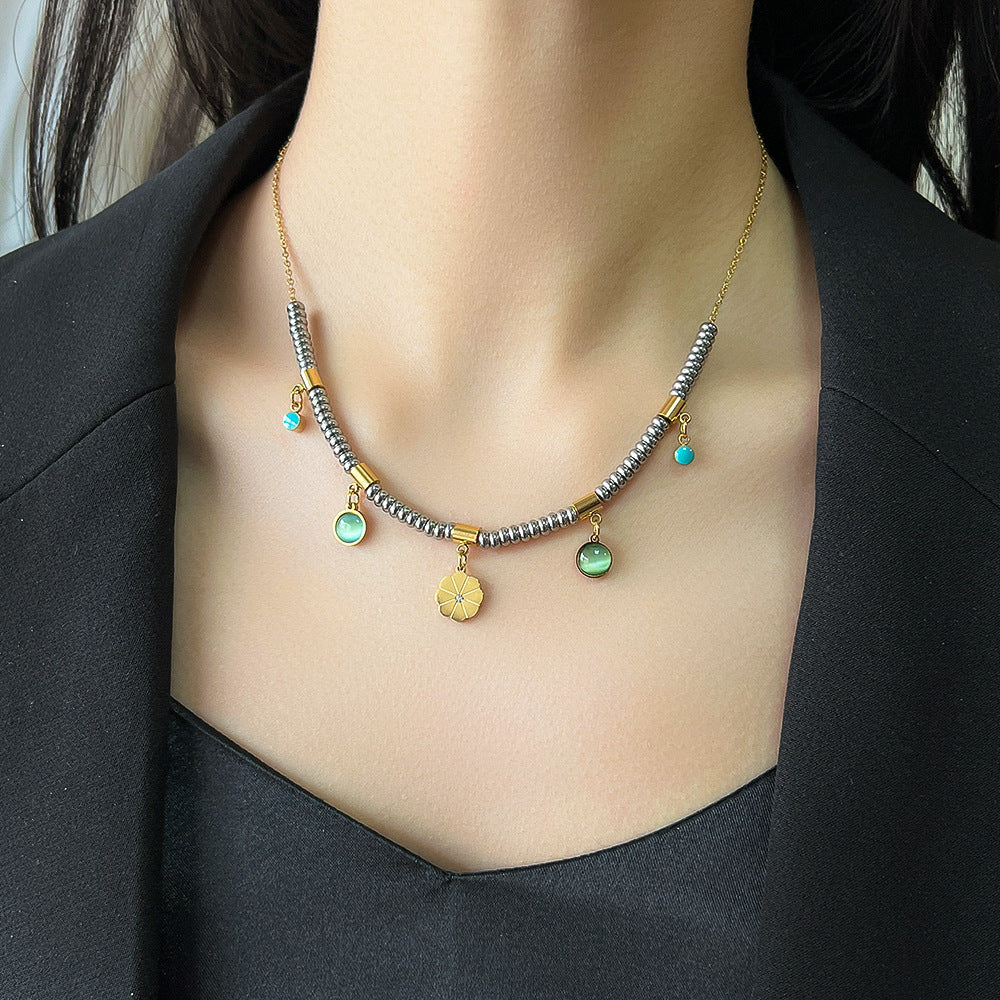 Wholesale Titanium Steel Double Layer Turquoise Pendant Necklace