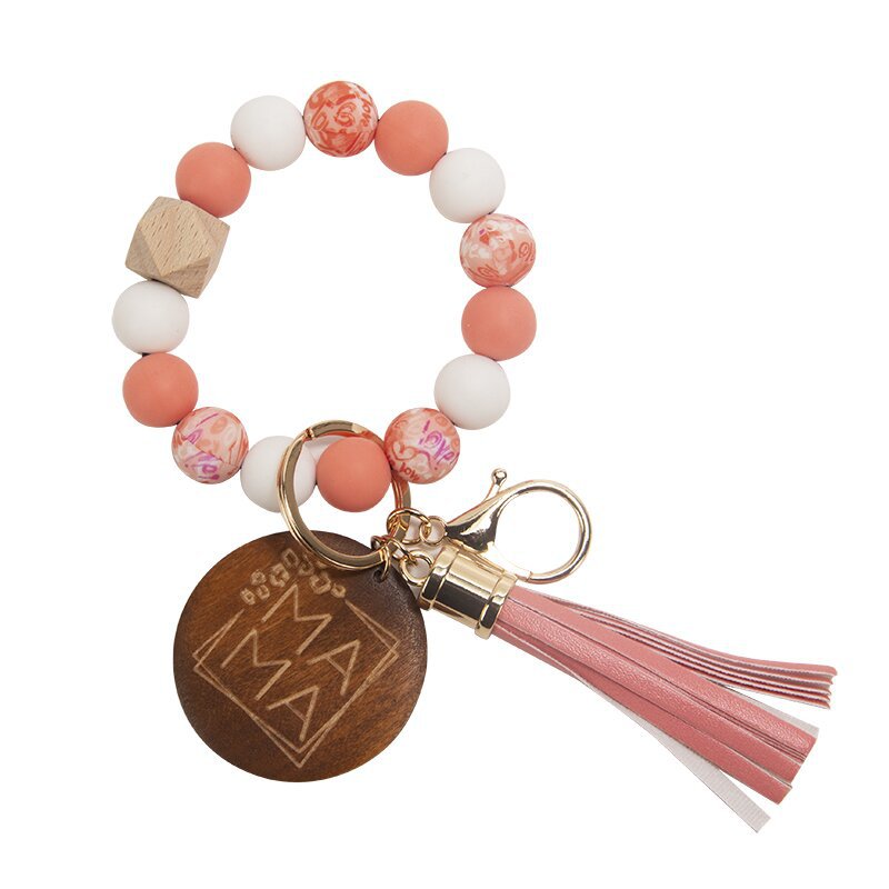 Wholesale Mother's Day Gifts MAMA Wood Chips Pendant Silicone Beads Bracelet Key Chain