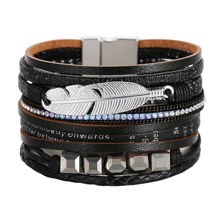 Wholesale Bohemian Crystal Feather Leather Bracelet
