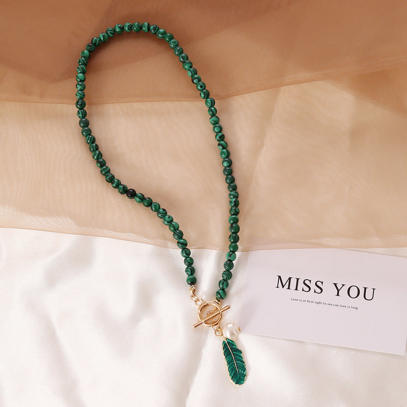 Wholesale Resin Malachite Leaf Pearl Oil Drop Necklace