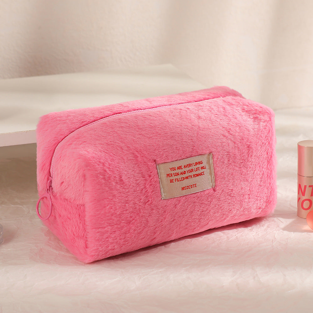 Wholesale Girls Plush Solid Color Makeup Bag Large Capacity Stationery Storage Bag