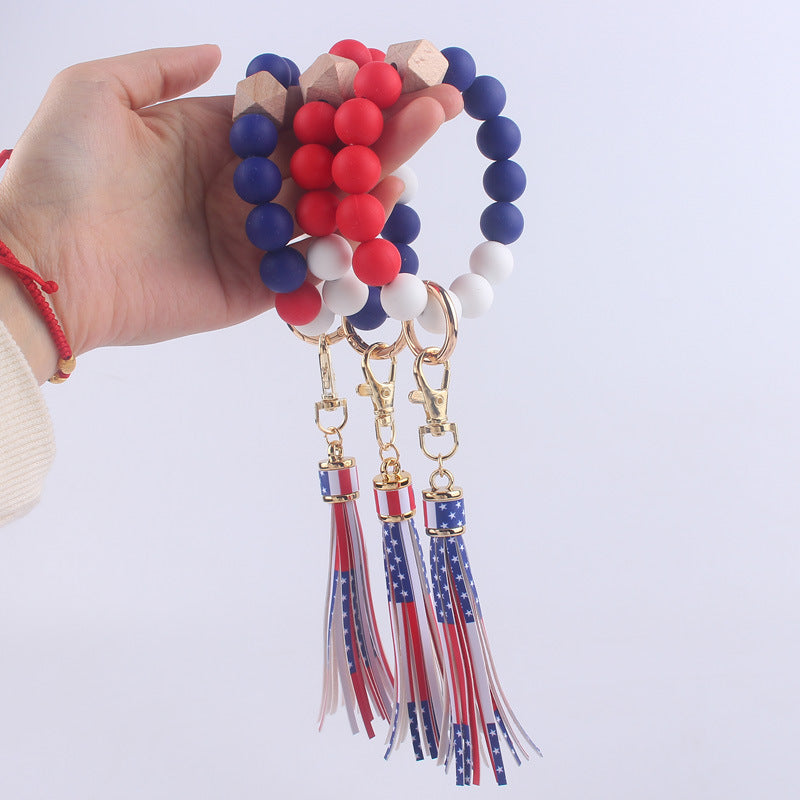 Wholesale US Flag Tassel Silicone Beaded Wrist Keychain