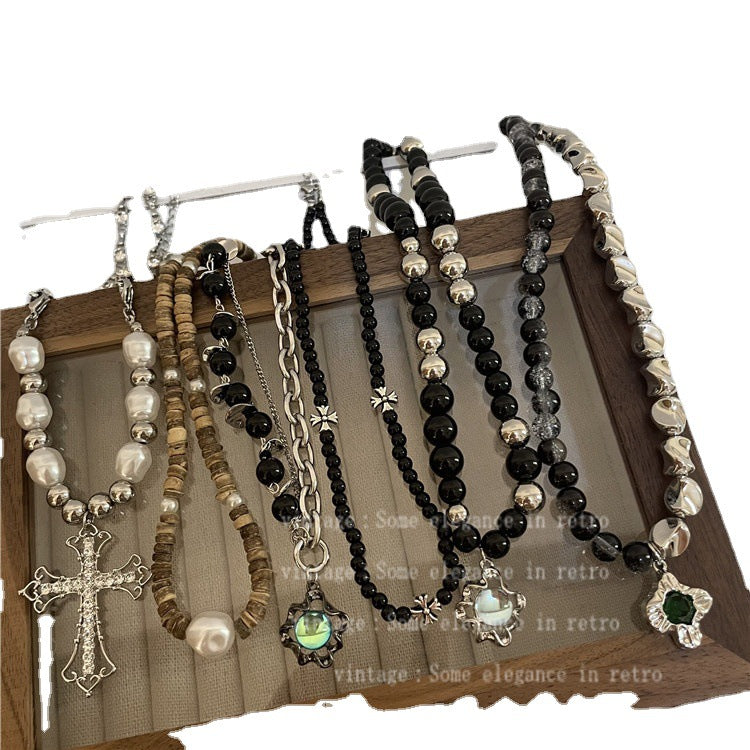 Venta al por mayor Moonstone titanio acero negro collares con cuentas