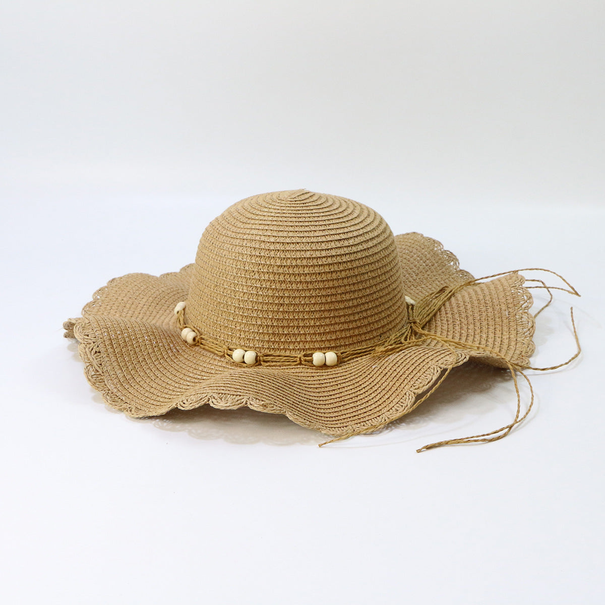 Wholesale Wide Brim Wood Bead Lace Wavy Straw Hat