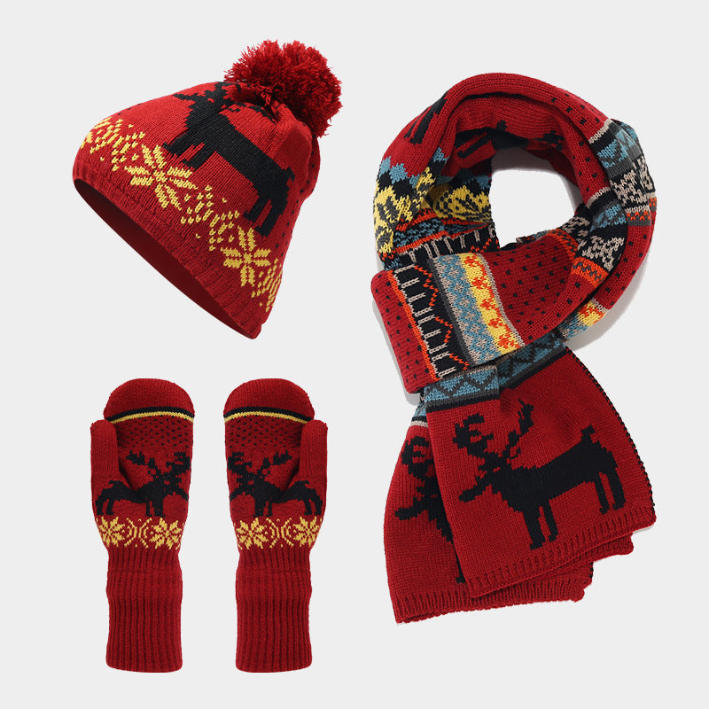 Wholesale Christmas Elk Jacquard Knit Hat Scarf Gloves Set