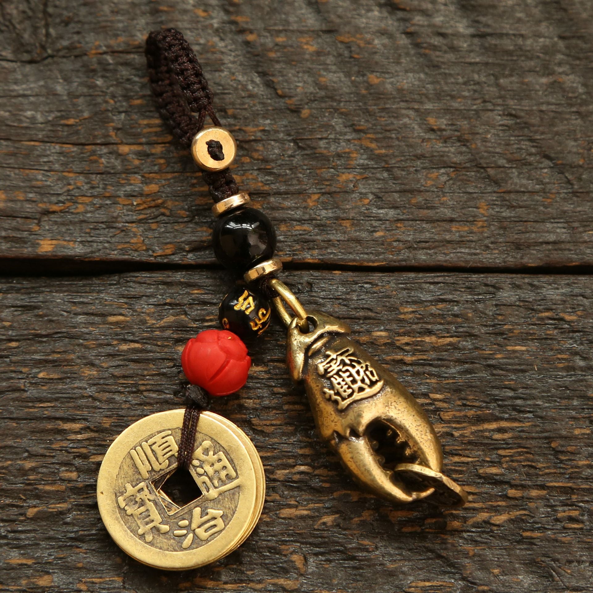 Wholesale Brass Crab Pliers with Five Emperor Coins Keychain