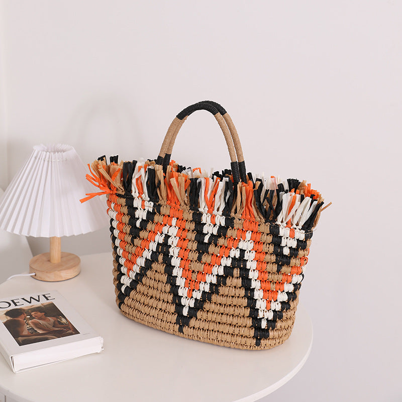 Wholesale Straw Color Block Beach Bag