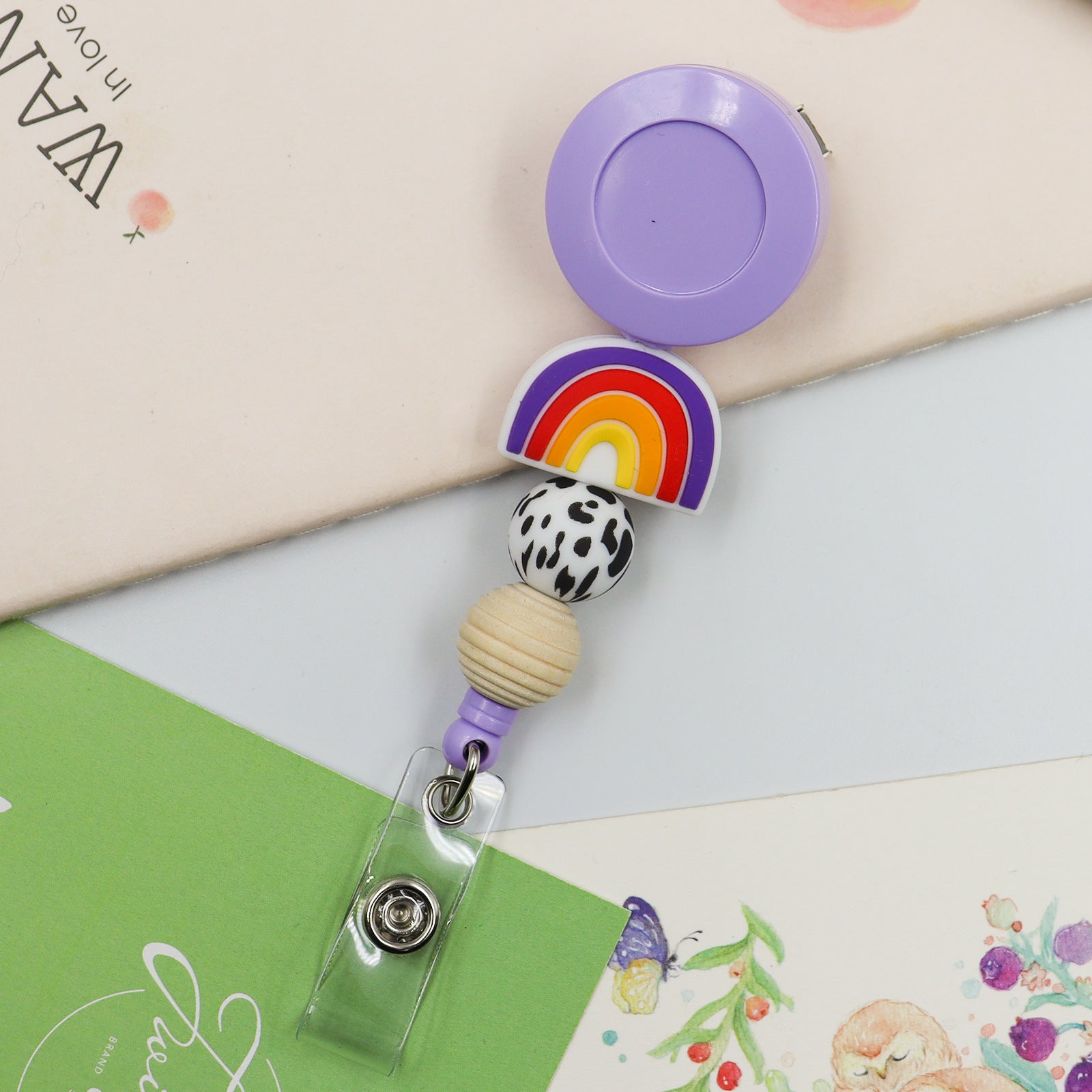 Wholesale Badge Reels Silicone Beaded Rainbow Retractable Keychain