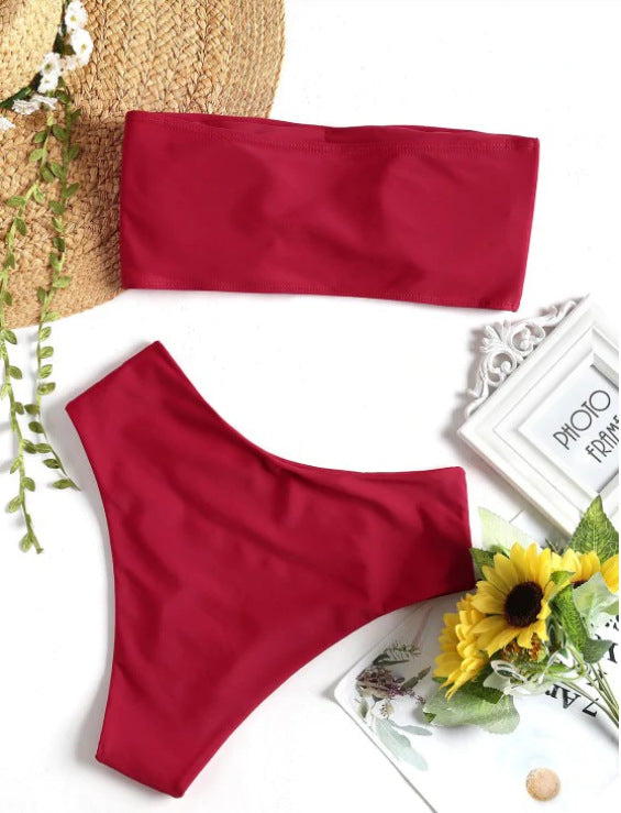 Venta al por mayor Color sólido Pecho plano Reversible Dividir traje de baño de poliéster