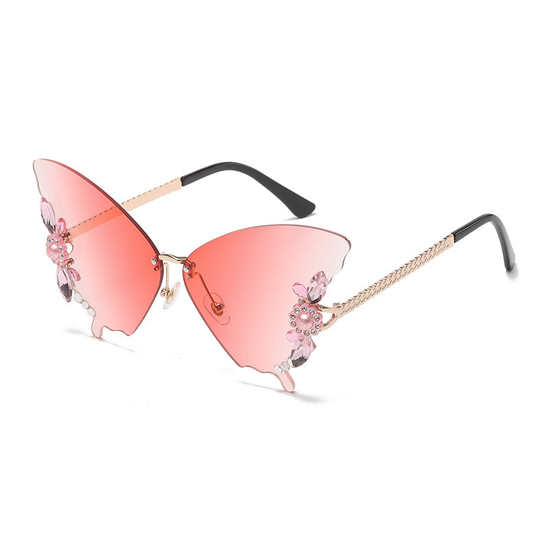 Wholesale Butterfly Shape Diamond Rimless PC Sunglasses