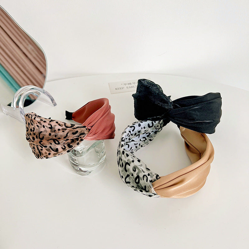 Wholesale Vintage Stitching Wide Brim Leopard Mesh Cross Headband
