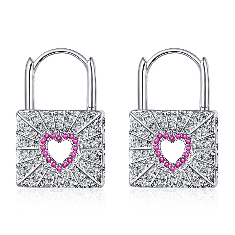 Wholesale Red Zirconia Diamond Heart Lock Copper Earrings