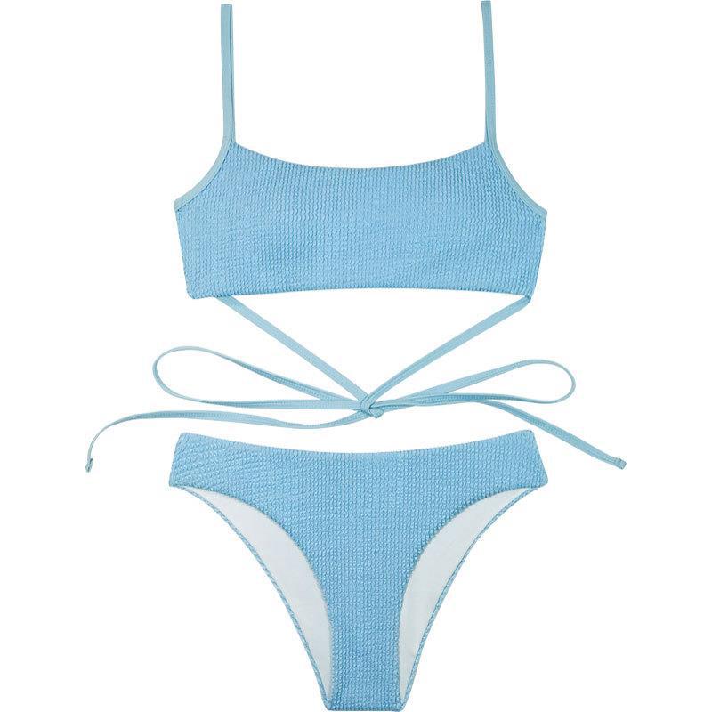 Traje de baño de poliéster de color sólido de talle alto ondulado al por mayor