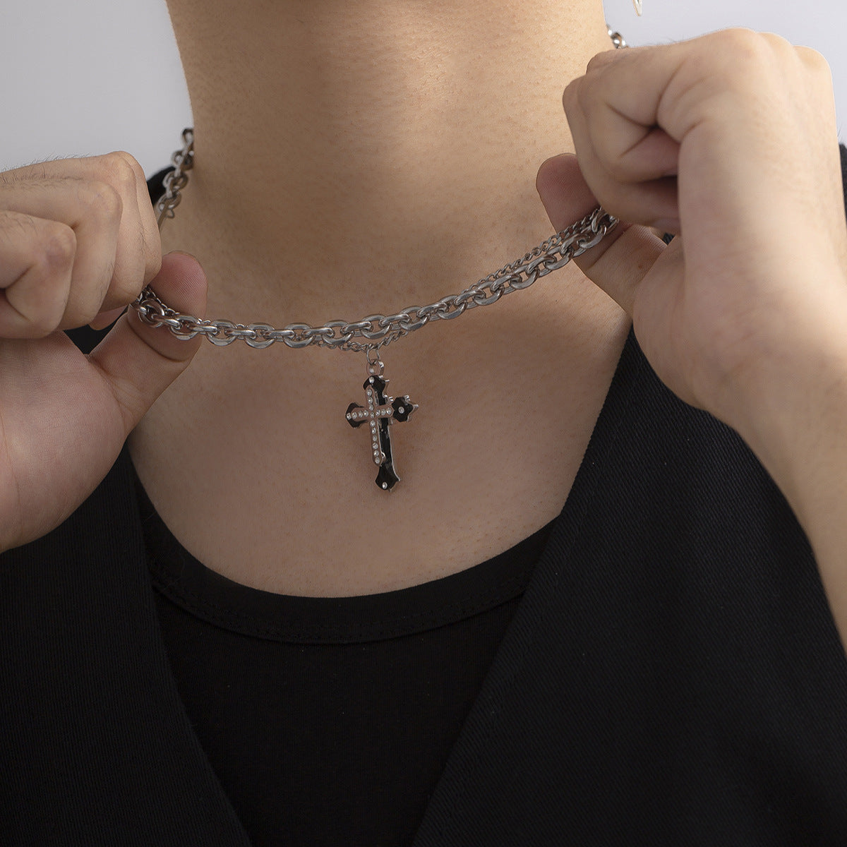 Wholesale Double Layer Diamond Cross Titanium Steel Necklace