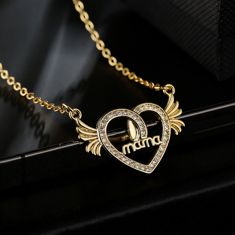 Wholesale Gold Plated Mother's Day Heart Wings Alloy Necklaces
