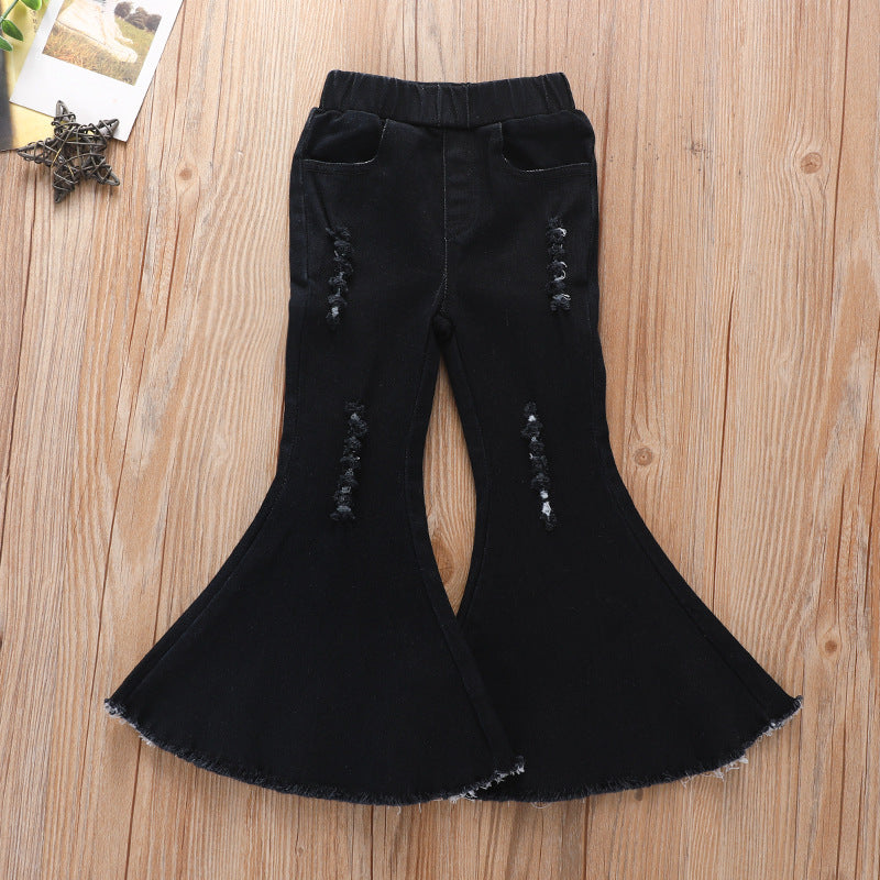Wholesale Children's Cotton Tight Black Ripped Bell Bottoms