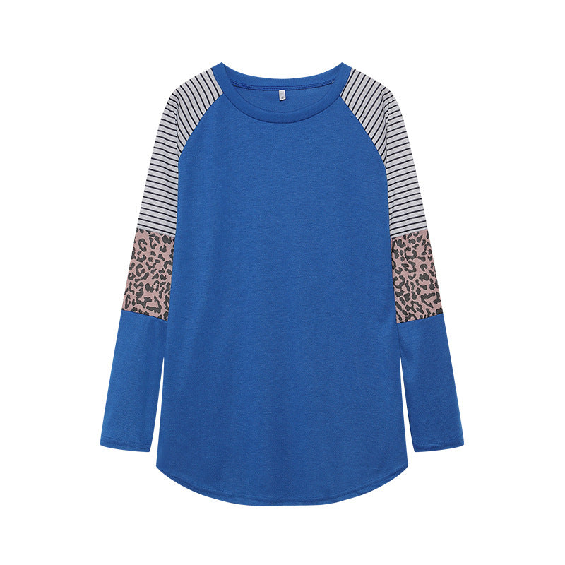 Wholesale Polyester Leopard Print Color Striped Round Neck Long Sleeves
