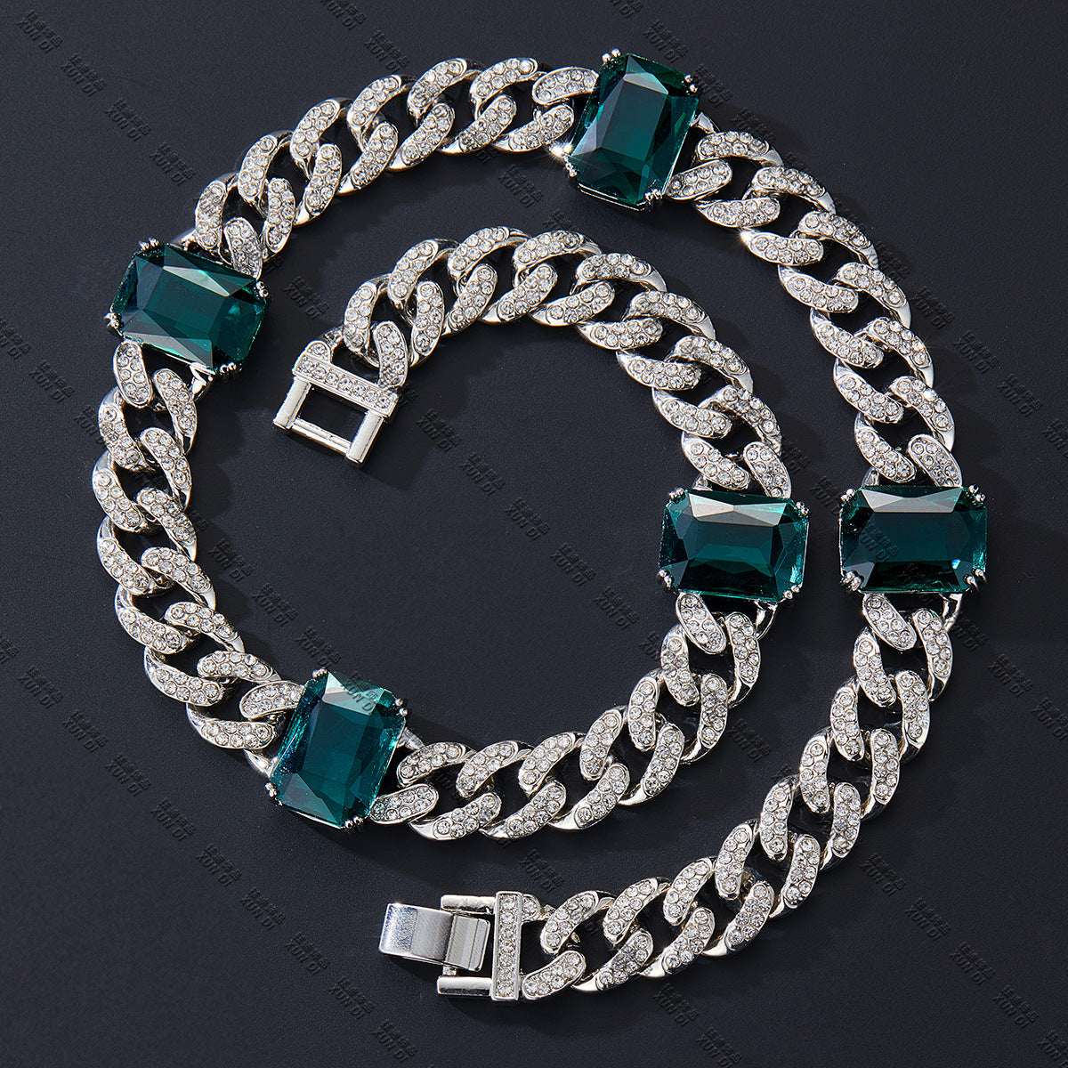 Wholesale Emerald Alloy Rhinestone Cuban Necklaces