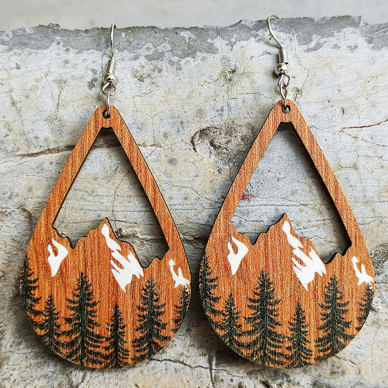 Wholesale 2 Pairs/Pack Distressed Forest Snow Mountain Wood Earrings
