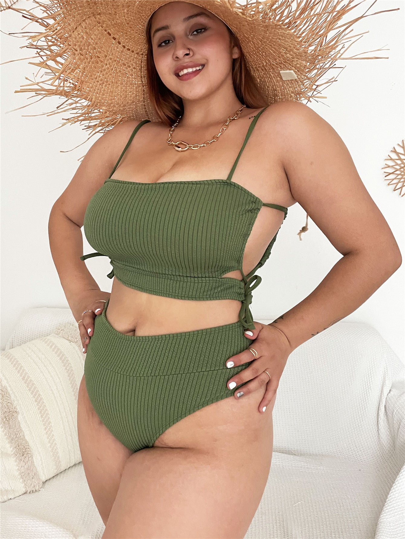 Wholesale Solid color strappy high waist pit strip fabric Swimwear