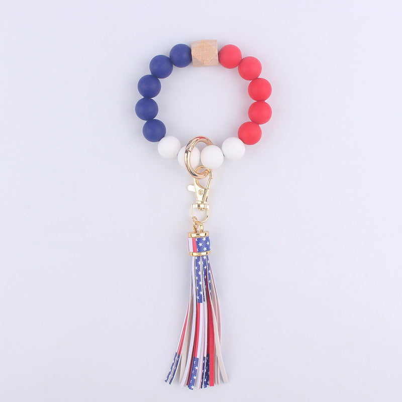 Wholesale US Flag Tassel Silicone Beaded Wrist Keychain