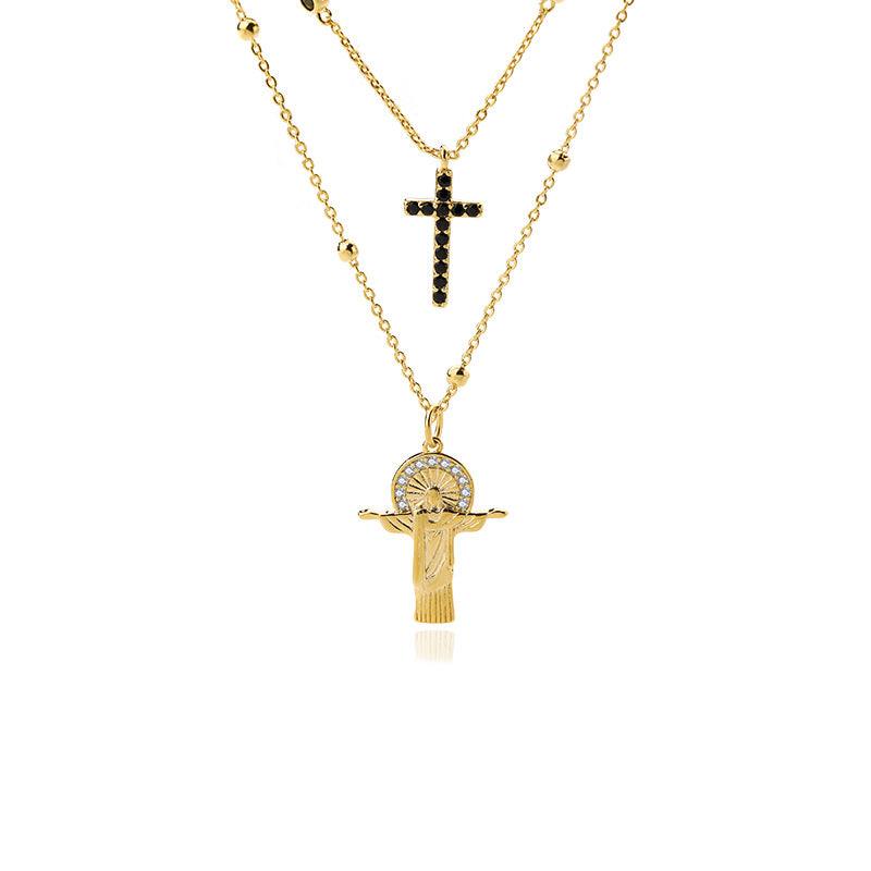 Collar de figura en relieve de doble capa con cruz de cobre al por mayor