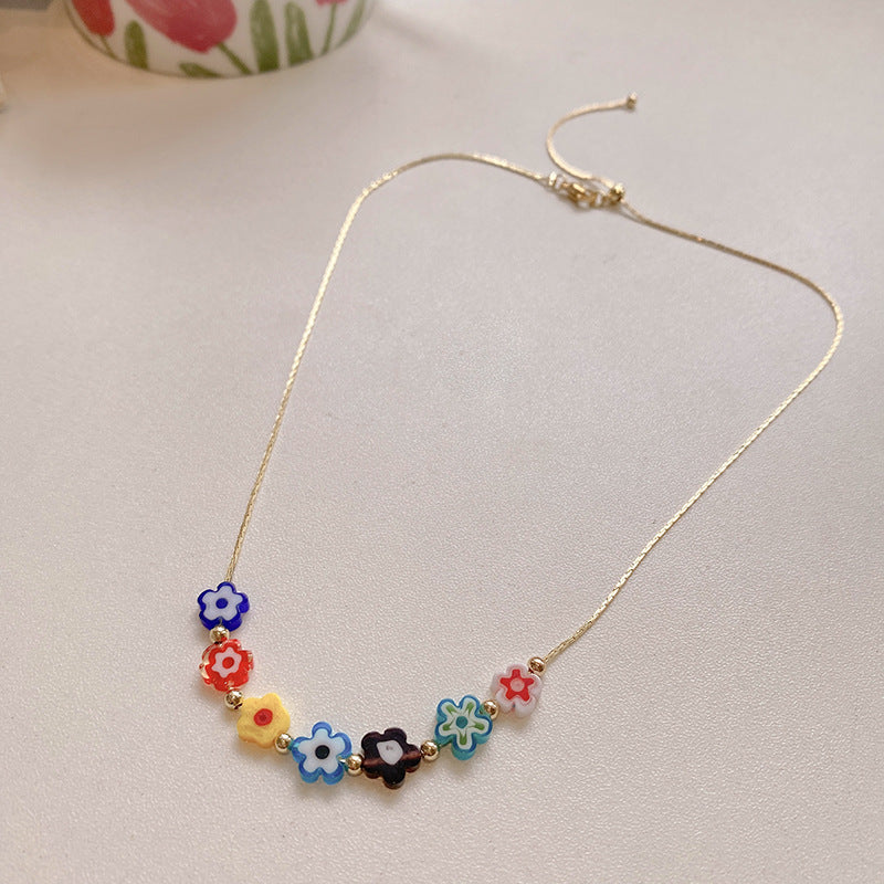 Wholesale Copper Colorful Glass Flower Pendant Necklace