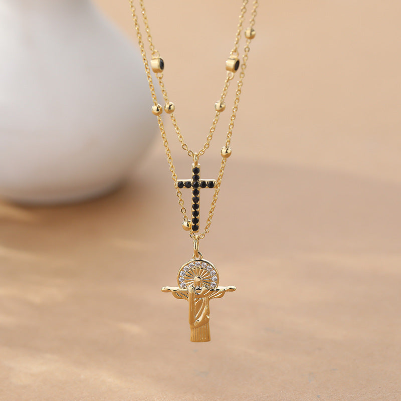 Collar de figura en relieve de doble capa con cruz de cobre al por mayor