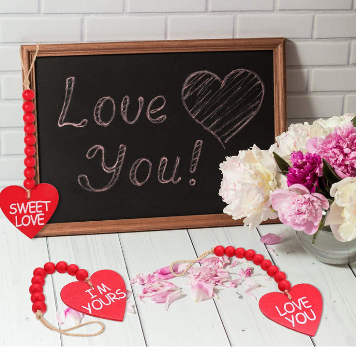 Venta al por mayor, decoración de San Valentín, cadena de cuentas de madera, decoración de pared en forma de corazón
