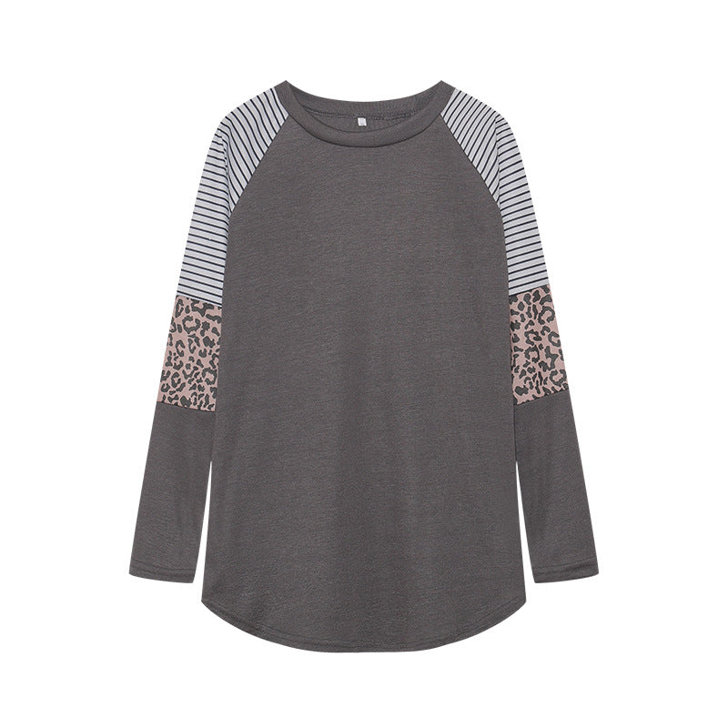 Wholesale Polyester Leopard Print Color Striped Round Neck Long Sleeves
