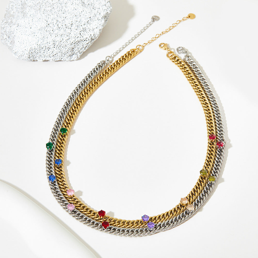 Wholesale Cuban Inlaid Colored Zircon Stainless Steel Gold Plated Necklace