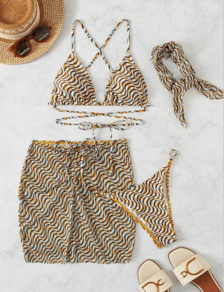 Wholesale Mesh Three-piece Set Water Ripple Polyester Swimwear