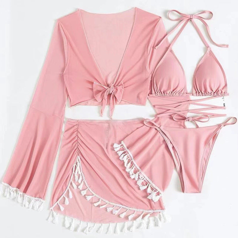 Wholesale Pure Color Fringed Mesh Blouse Short Skirt 4-Piece Set Polyester Swimwear