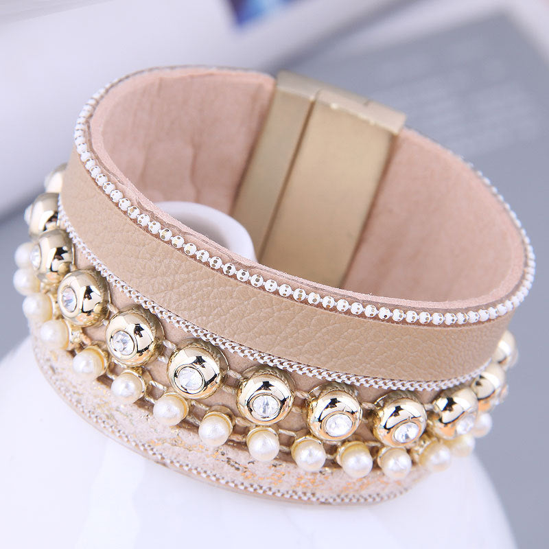 Wholesale Rhinestone Pearl Leather Alloy Bracelet