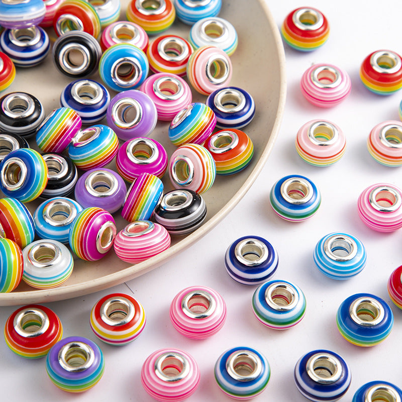 Wholesale 10-200PCS/Pack 14mm Rainbow Stripe Large Hole Resin Beads