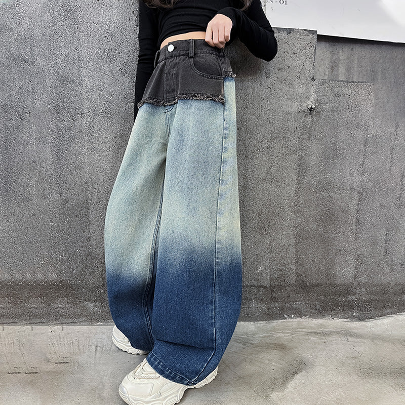 Wholesale Children's Waistband Contrasting Raw Edge Gradient Straight Wide Leg Cotton Jeans