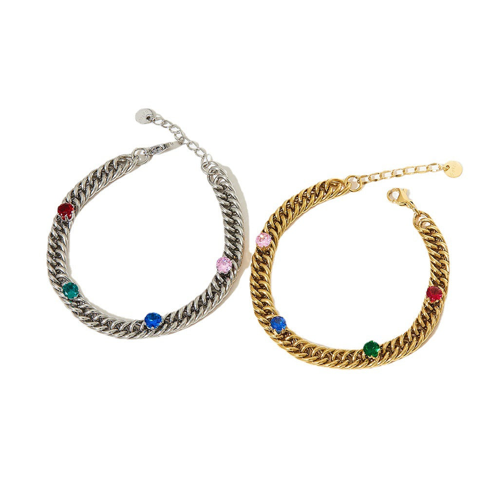 Wholesale Cuban Inlaid Colored Zircon Stainless Steel Gold Plated Necklace