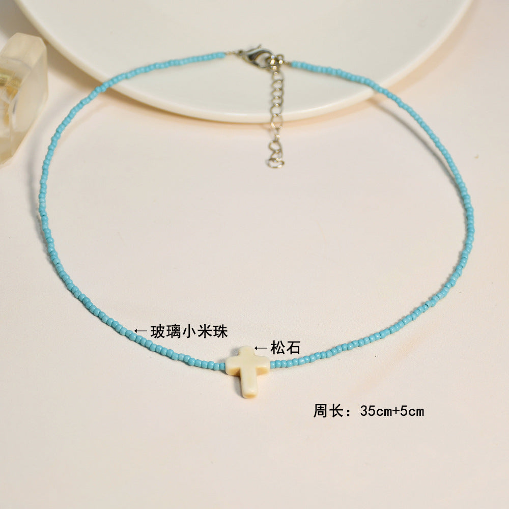 Wholesale Glass Blue Eyes Rice Beads Cross Layer Necklace