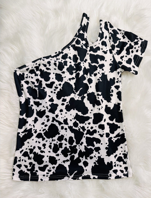 Wholesale Dacron Western Style Cow Pattern Round Neck Off Shoulder Women's One Shoulder Short Sleeve