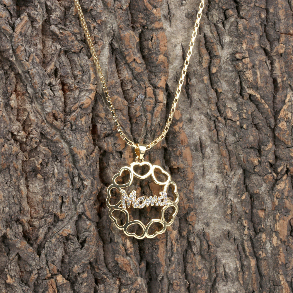 Wholesale Mother's Day Gift MAMA Heart Copper Diamond Necklace