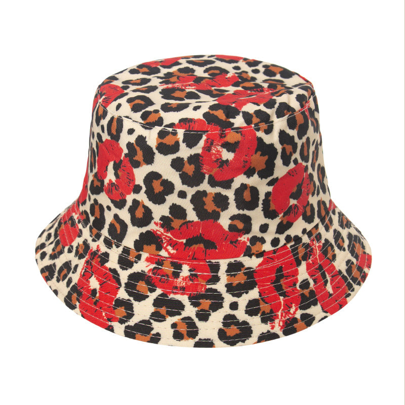 Sombrero de bucket de impresión de labios con estampado de leopardo de poliéster al por mayor