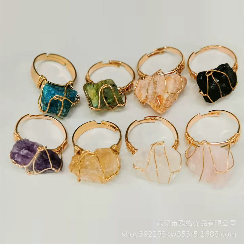 Anillo de herida de alambre hecho a mano de ágata natural irregular ajustable al por mayor