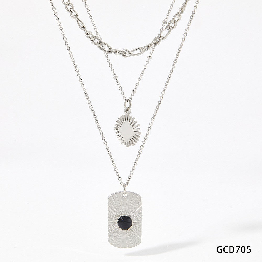 Wholesale Black Onyx Square Plaque Radiant Texture Stainless Steel Gold Plated Necklace