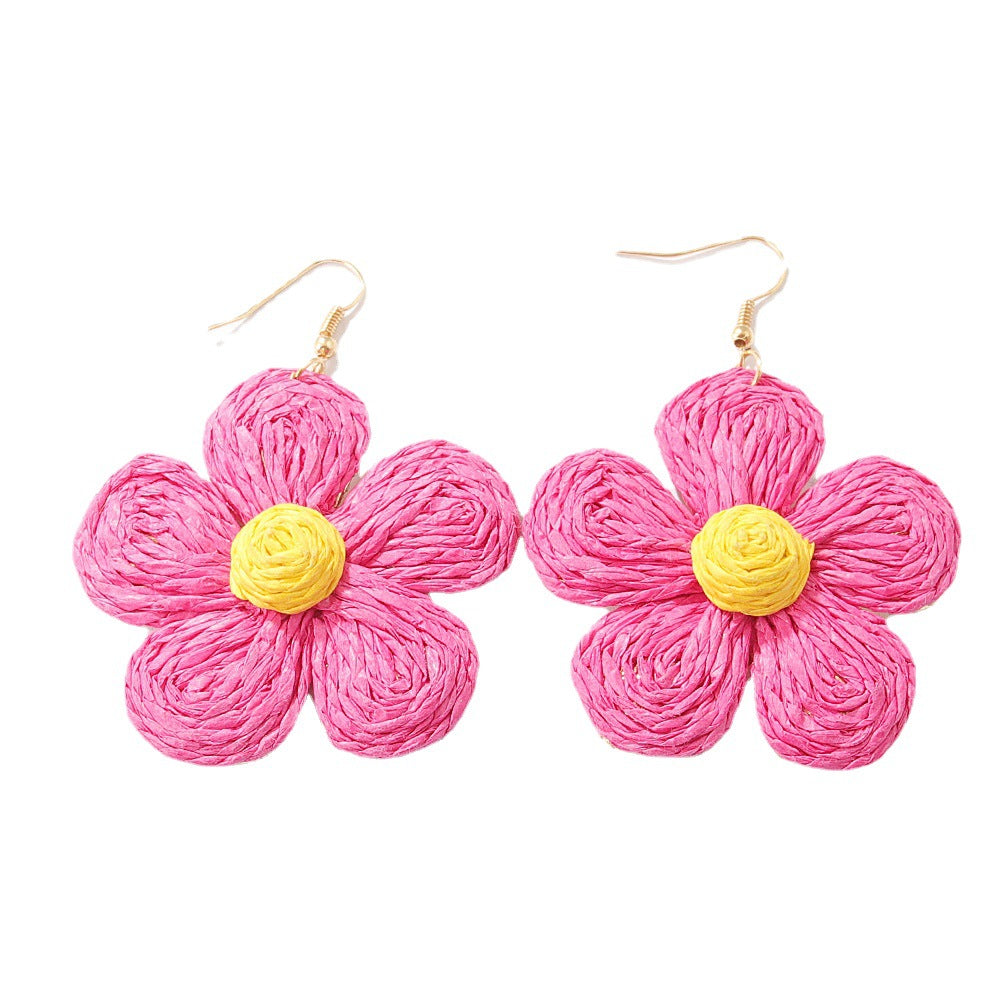 Wholesale Vacation Style Braided Flowers Straw Rope Earrings