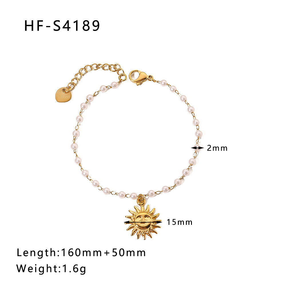 Wholesale Vintage Round Butterfly Natural Stone Zircon Pearl Stainless Steel Bracelet