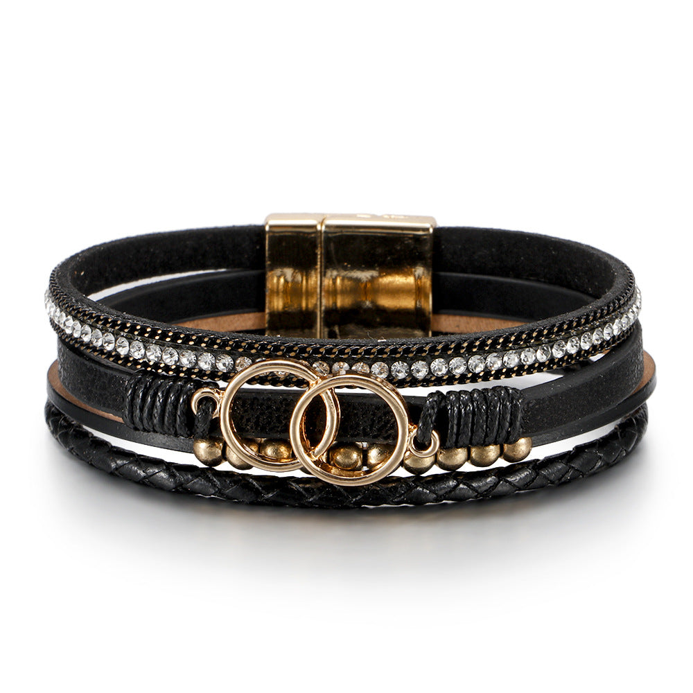 Wholesale Multilayer Braided Leather Double Circle Magnet Buckle Bracelet
