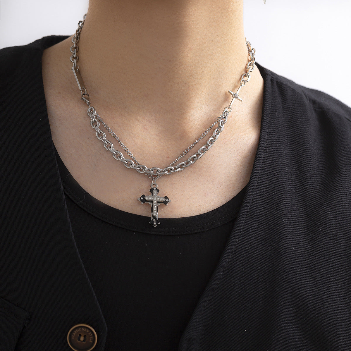 Wholesale Double Layer Diamond Cross Titanium Steel Necklace
