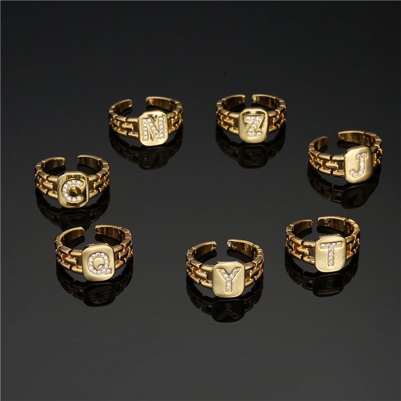 Wholesale Gold Plated 26 Letters Copper Adjustable Rings