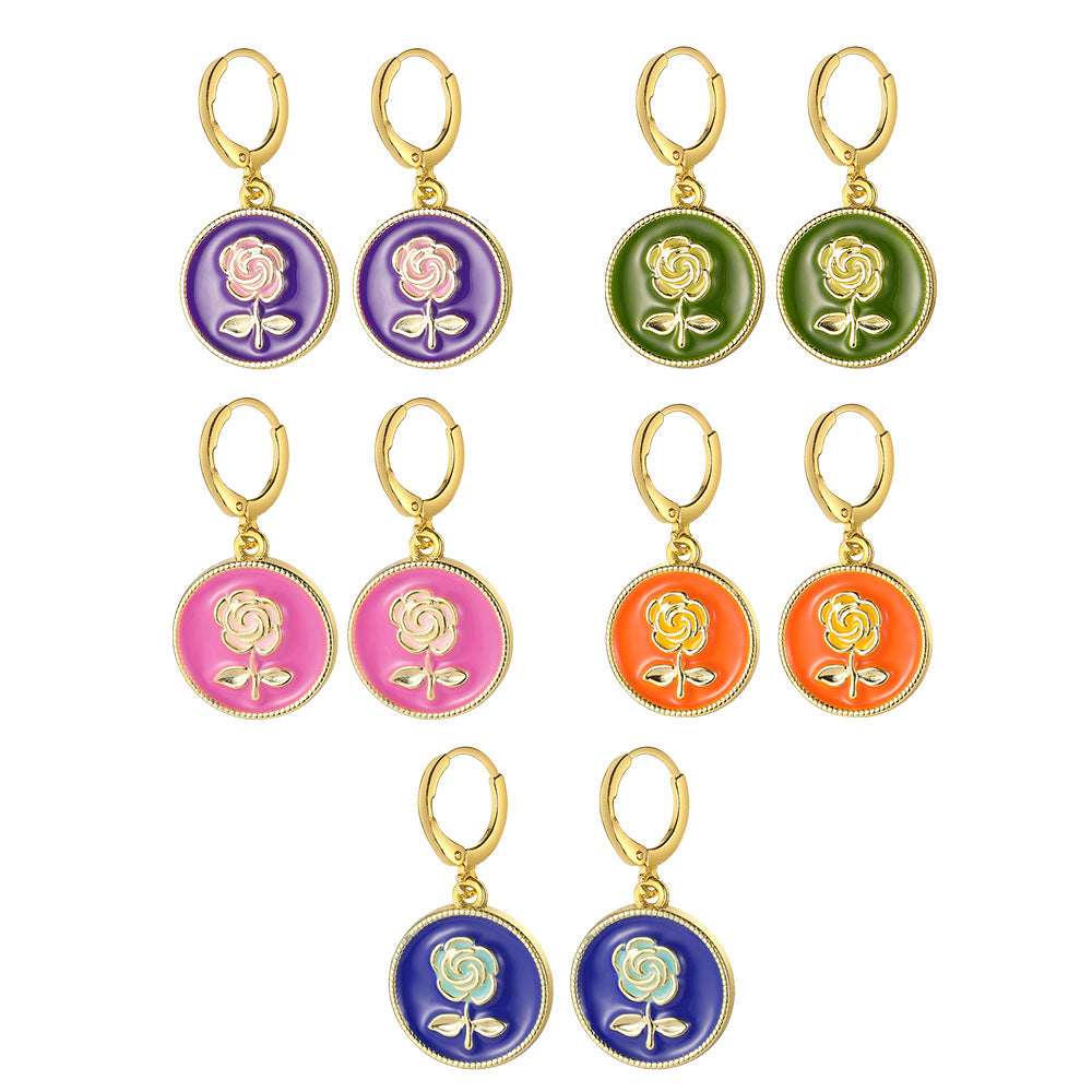 Wholesale Colored Oil Drip Rose Alloy Earrings